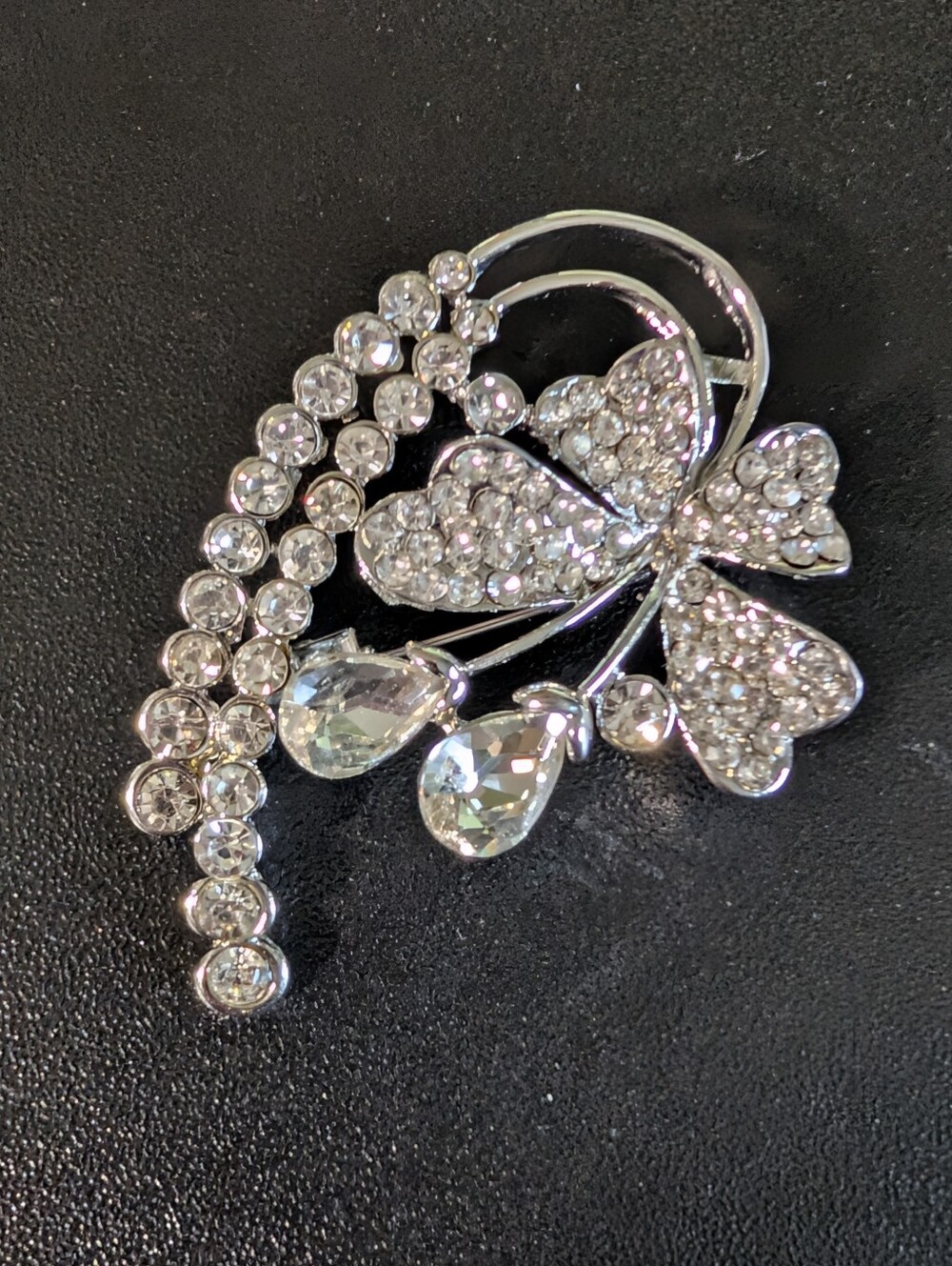 Crystal Butterfly and Teardrop Silver Brooch - Clear Rhinestone Accent